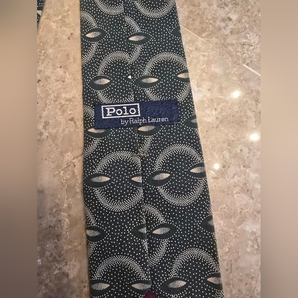 Mens Vintage Polo Ralph Lauren Dark Green Pattern Tie - Picture 3 of 3
